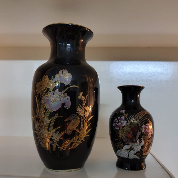 2 Japanese Vases 12 And 5 inches Black Ceramic Gold Painted Peacock Gilded Japan