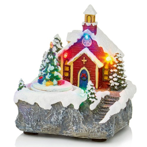 Christmas 14cm Battery Operated LED Lit Village Scene - Church and Tree Design
