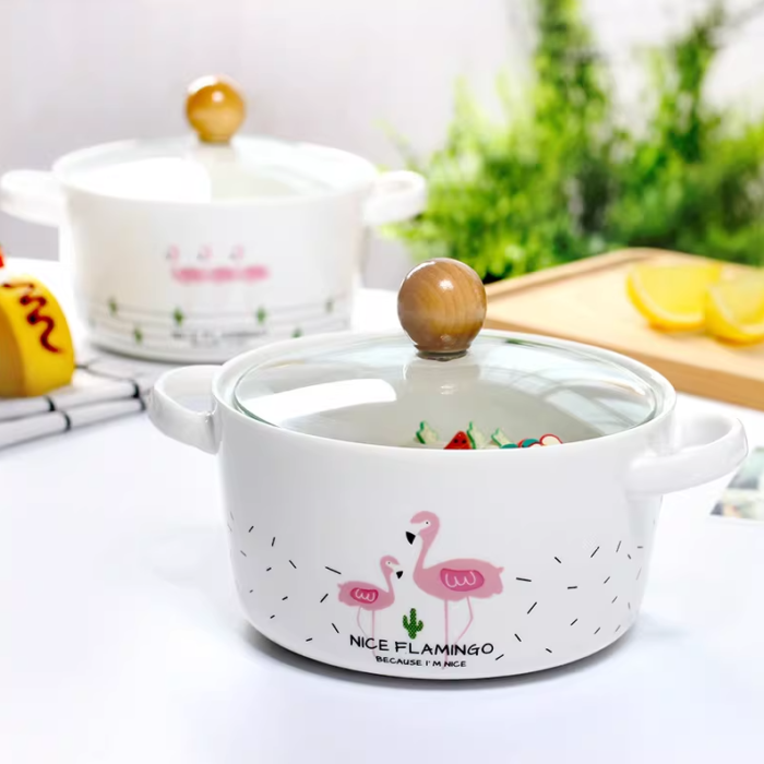 Flamingo Porcelain Soup Pot - Sustainable Ceramic Noodle Bowl
