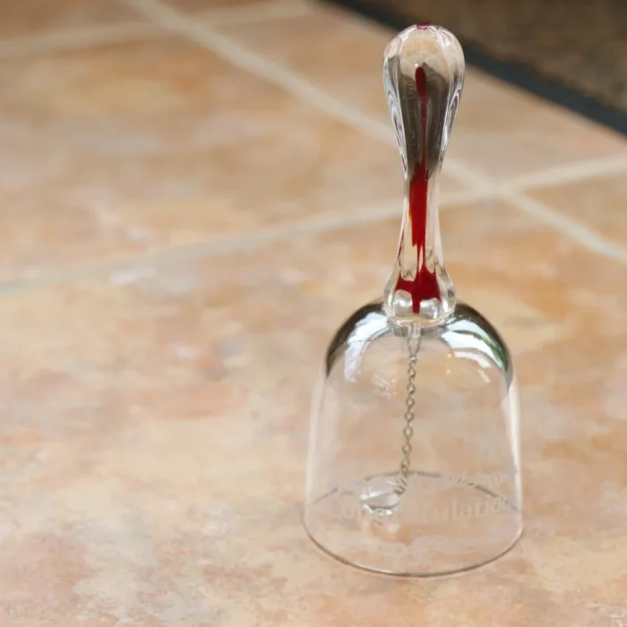 Glass Hand Bell Ruby Coloured Glass Handle Congratulations to front