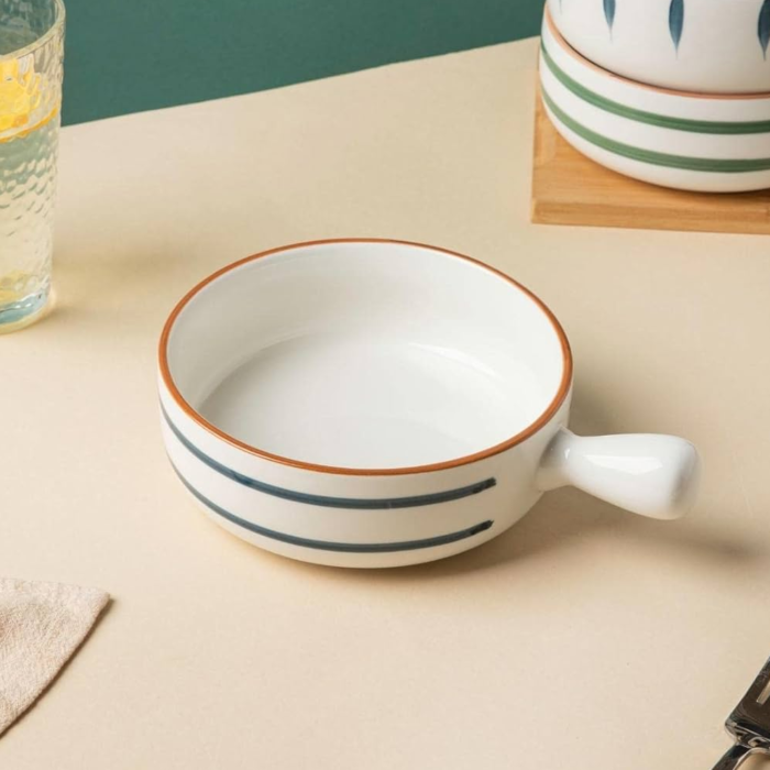 Nestasia White and Blue Swirl Round Ceramic Serving Bowl with Handle, Soup Bowl, Salad Bowl