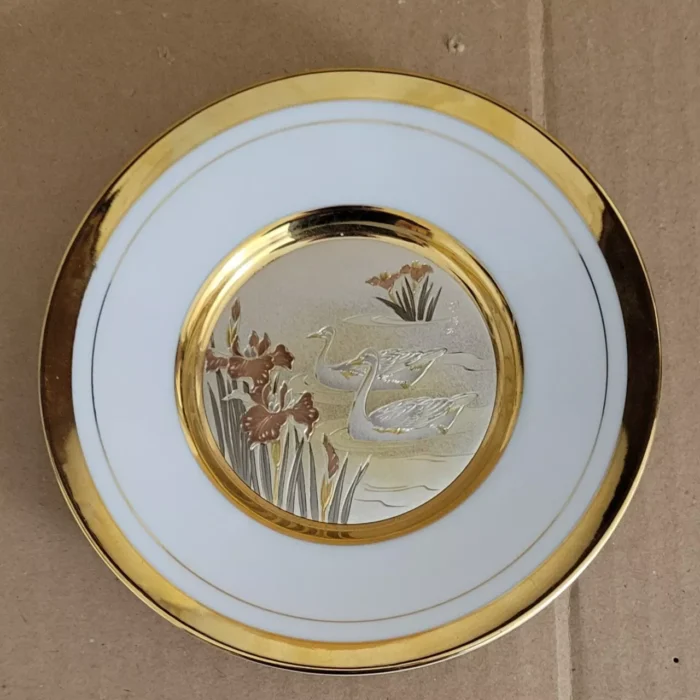 The Art of Chokin Decorative Plate SWANS & IRISES 24KT Gold Edge Made In Japan