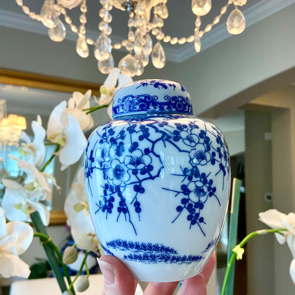 Vintage Blue and White Cherry Blossom chinoiserie ginger jar