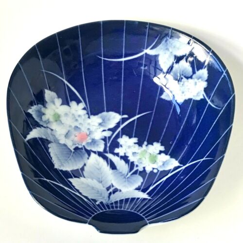 Vintage Japanese Porcelain Dish Bowl Trinket Fan Cobalt Blue White Flowers Leaf.