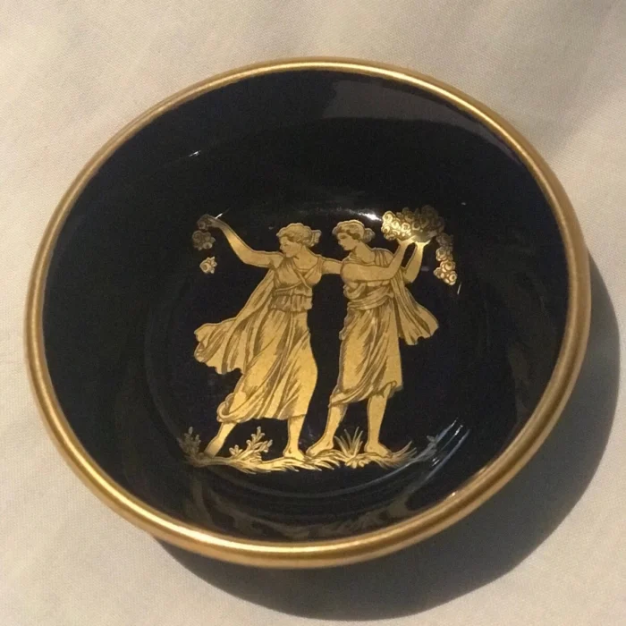 Vintage Neofitou ceramic trinket dish jewellery hand made Greece 24k gold blue