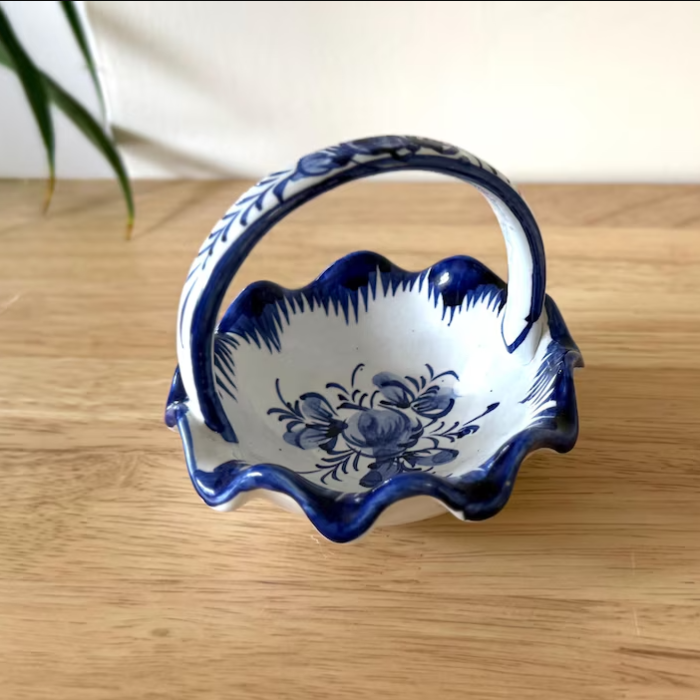 Vintage Small Portugal Blue & White Ceramic Basket with Handle, Hand-Painted Floral, RCCL Mark, Numbered
